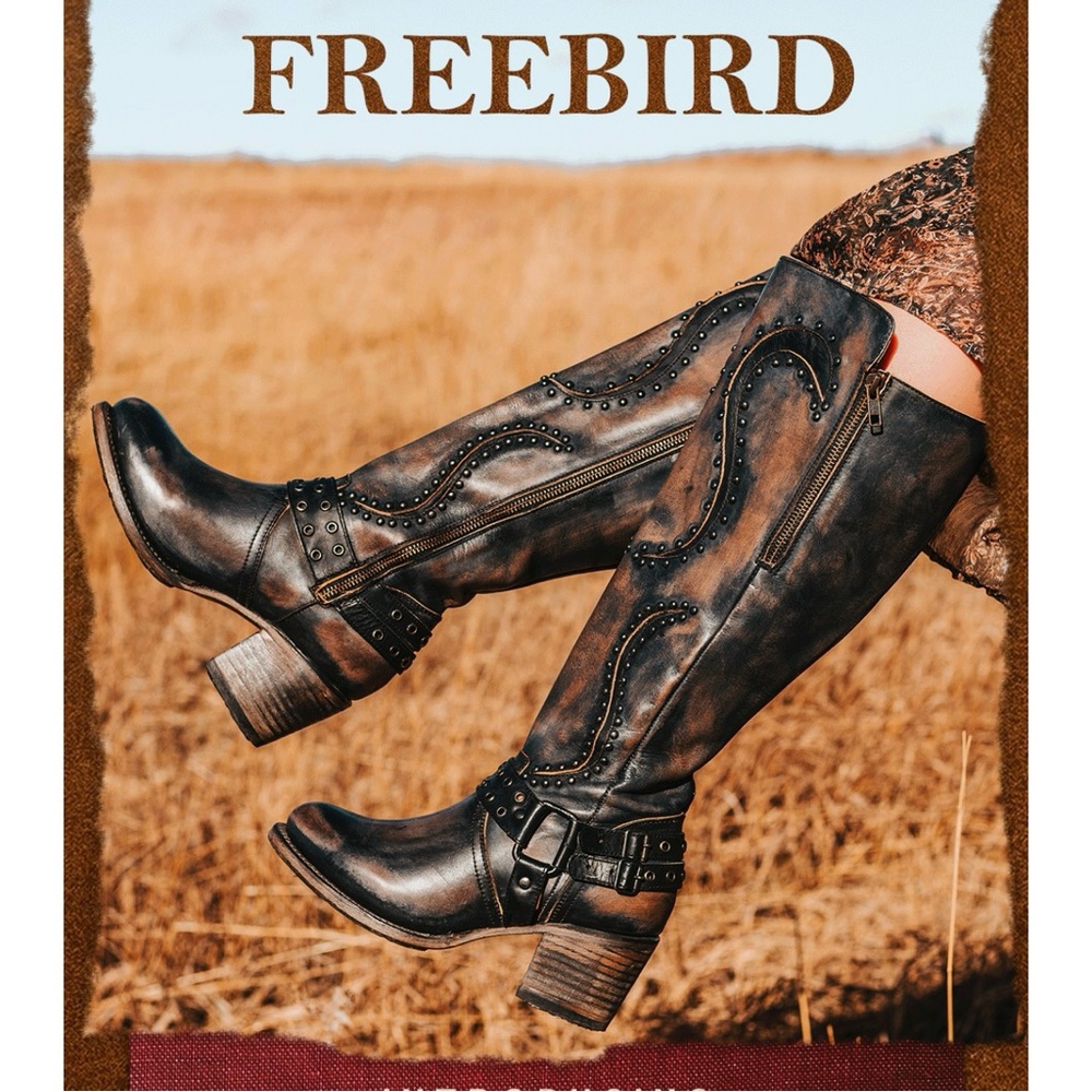 FREEBIRD Coyote Black Studded Knee High Cowgirl Boots size 8 (New in Box)